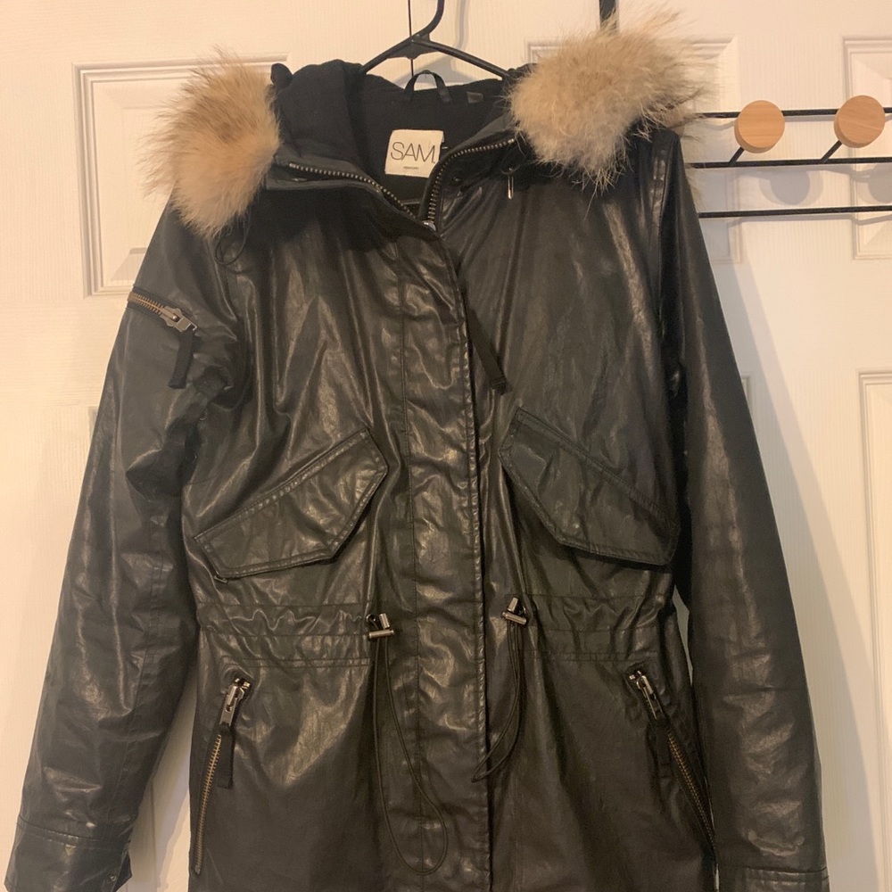 SAM. Black Coat w/Hood. Faux leather look!